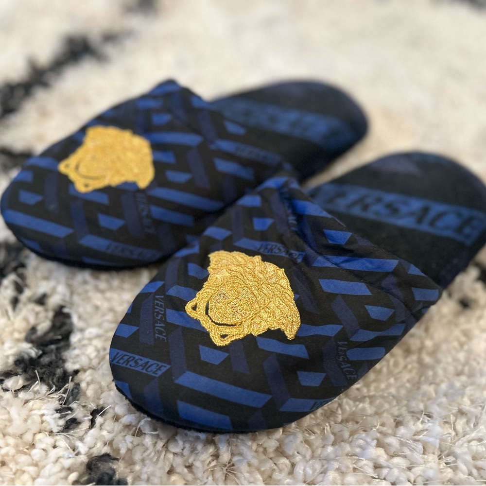 Versace Black and Blue Slip-Ons with Gold Emblem